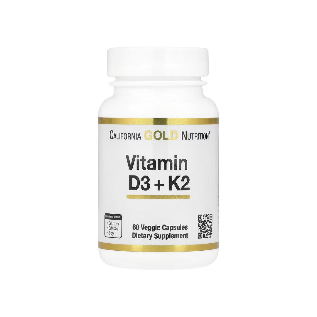VITAMIN D3 Y K2, cápsulas de vitamina D3 de 5,000 UI / vitamina k2 120 mcg en forma de mk-7, 60 cápsulas vegetales (CALIFORNIA GOLD NUTRITION).