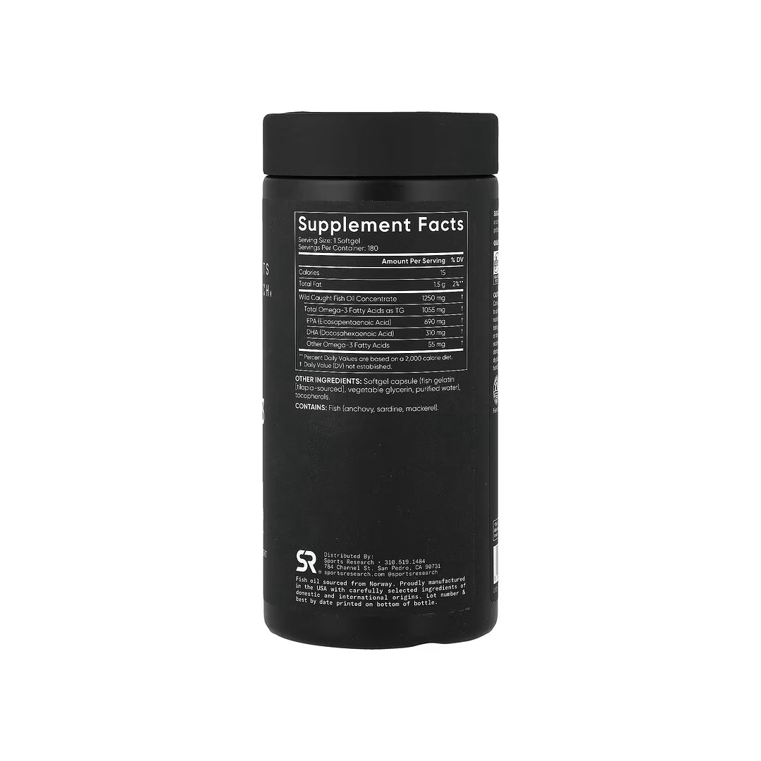 OMEGA-3 FISH OIL, triple concentración, cápsulas de aceite de pescado de 1250 mg / omega-3 EPA y DHA de 1055 mg, 180 cápsulas blandas (SPORTS RESEARCH)