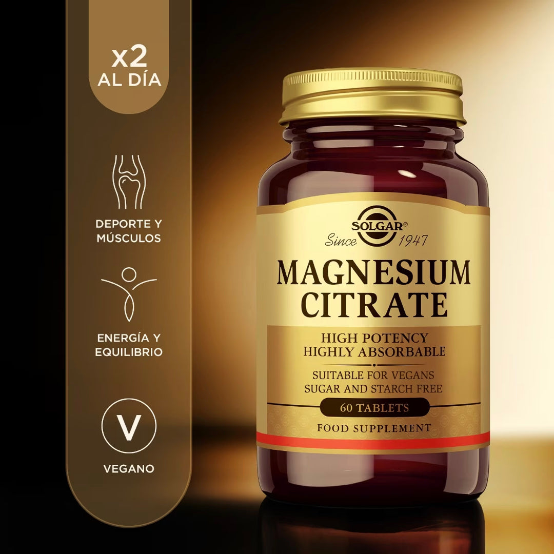 MAGNESIUM CITRATE, tabletas veganas de citrato de magnesio de 400 mg por porción, 120 tabletas (SOLGAR).