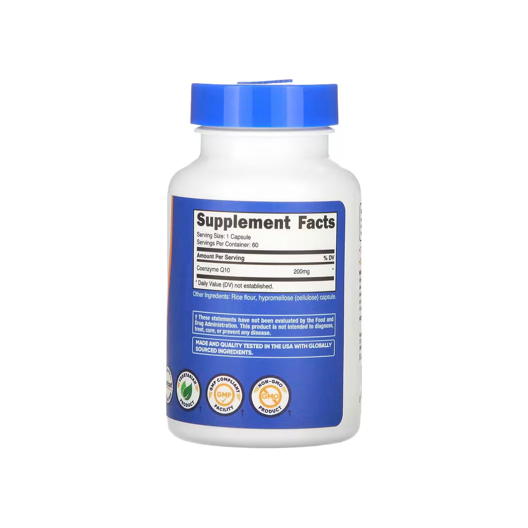 CoQ10, cápsulas de coenzima Q10 de 200 mg, 60 cápsulas (NUTRICOST).