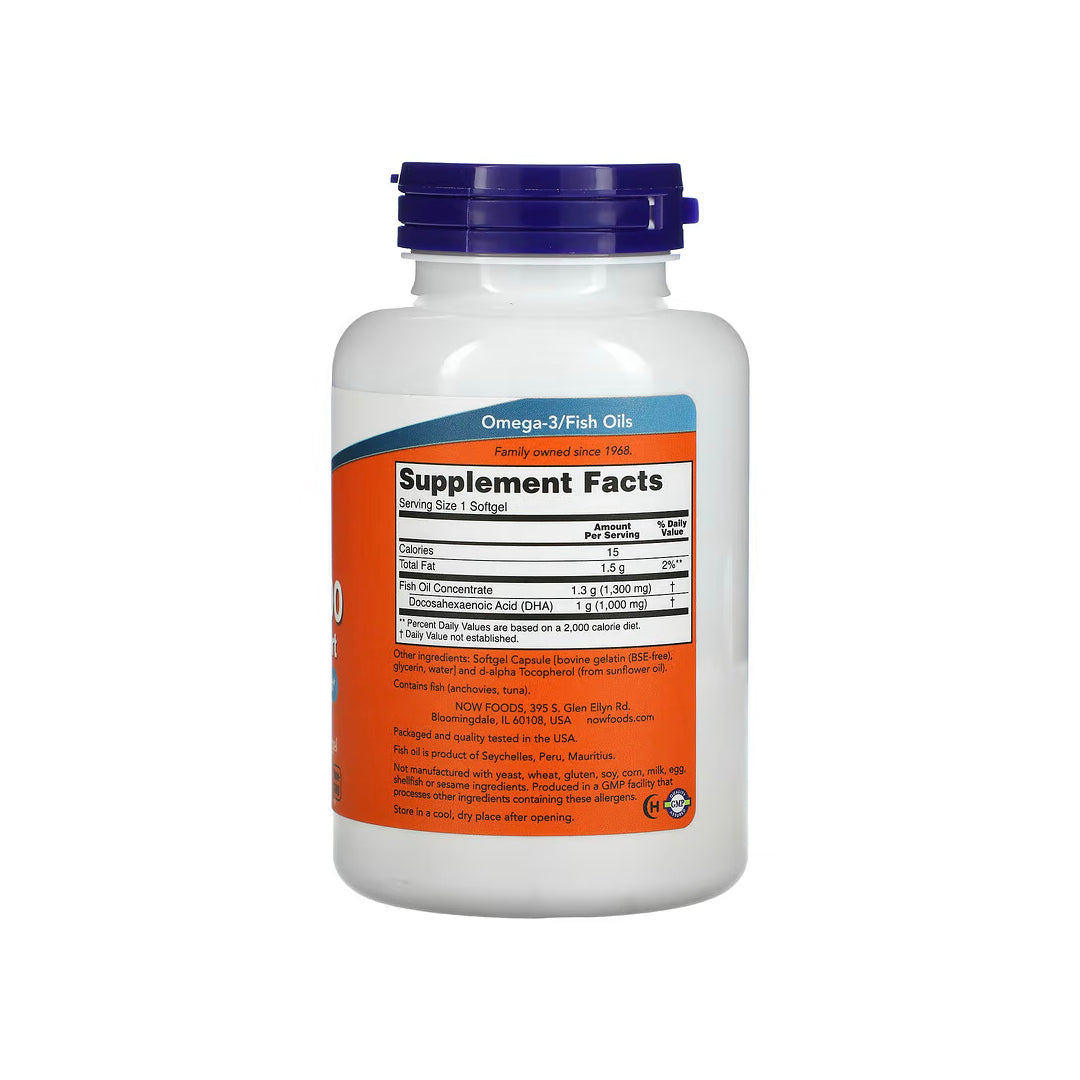 DHA-1000, refuerzo cerebral, concentración extra, cápsulas de aceite de pescado de 1300 mg / omega-3 DHA de 1000 mg, 90 cápsulas blandas (NOW FOODS)
