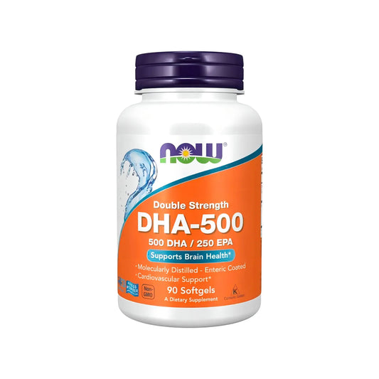 DHA-500, cápsulas de aceite de pescado de 1000 mg / omega-3 DHA 500 mg y EPA 250 mg, destilado molecularmente-recubrimiento entérico, 90 Capsulas  (NOW FOODS)