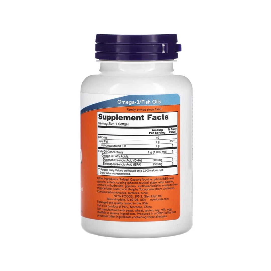 DHA-500, cápsulas de aceite de pescado de 1000 mg / omega-3 DHA 500 mg y EPA 250 mg, destilado molecularmente-recubrimiento entérico, 90 Capsulas  (NOW FOODS)