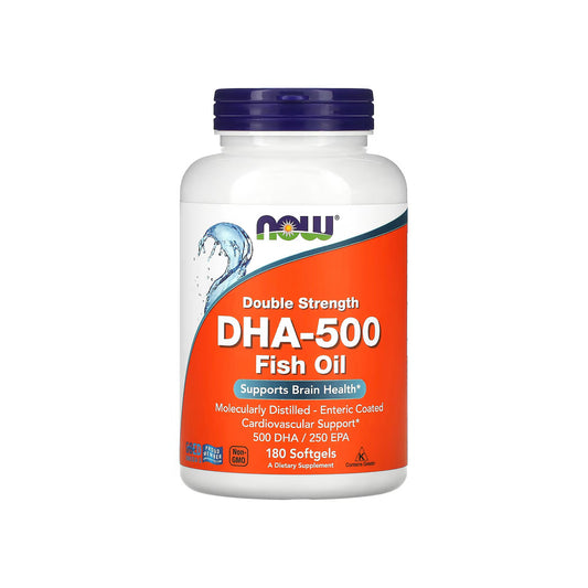 DHA-500, cápsulas de aceite de pescado de 1000 mg / omega-3 DHA 500 mg y EPA 250 mg, destilado molecularmente-recubrimiento entérico, 90 cápsulas blandas (NOW FOODS).