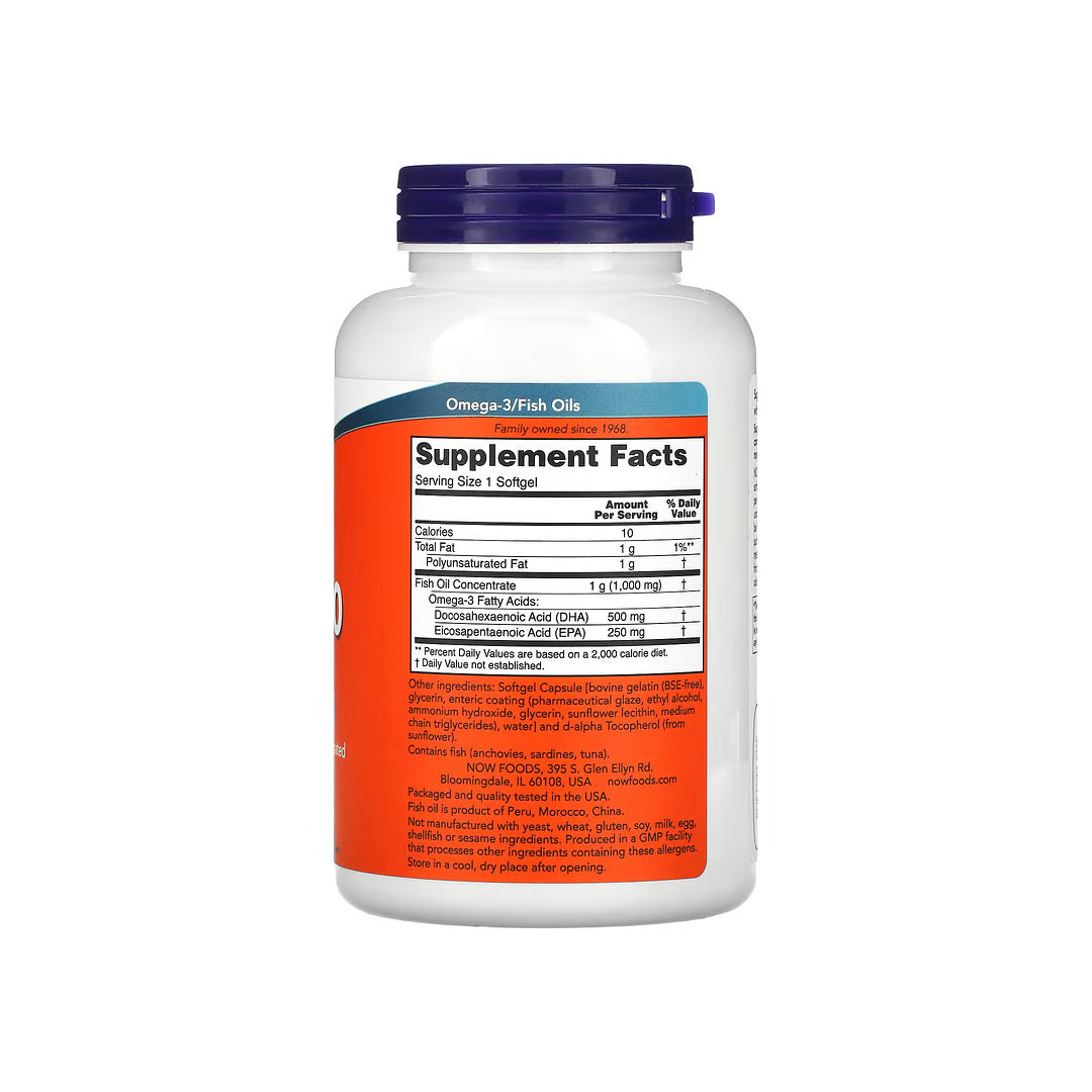 DHA-500, cápsulas de aceite de pescado de 1000 mg / omega-3 DHA 500 mg y EPA 250 mg, destilado molecularmente-recubrimiento entérico, 90 cápsulas blandas (NOW FOODS).