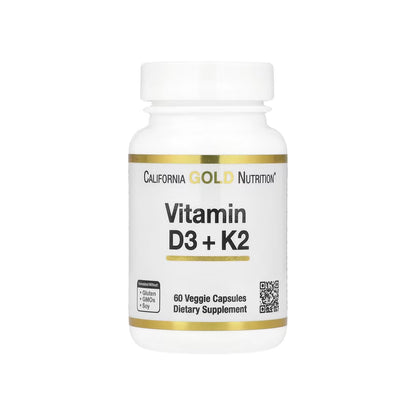 VITAMIN D3 Y K2, cápsulas de vitamina D3 de 5,000 UI / vitamina k2 120 mcg en forma de mk-7, 60 cápsulas vegetales (CALIFORNIA GOLD NUTRITION).