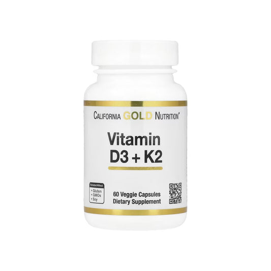 VITAMIN D3 Y K2, cápsulas de vitamina D3 de 5,000 UI / vitamina k2 120 mcg en forma de mk-7, 60 cápsulas vegetales (CALIFORNIA GOLD NUTRITION).