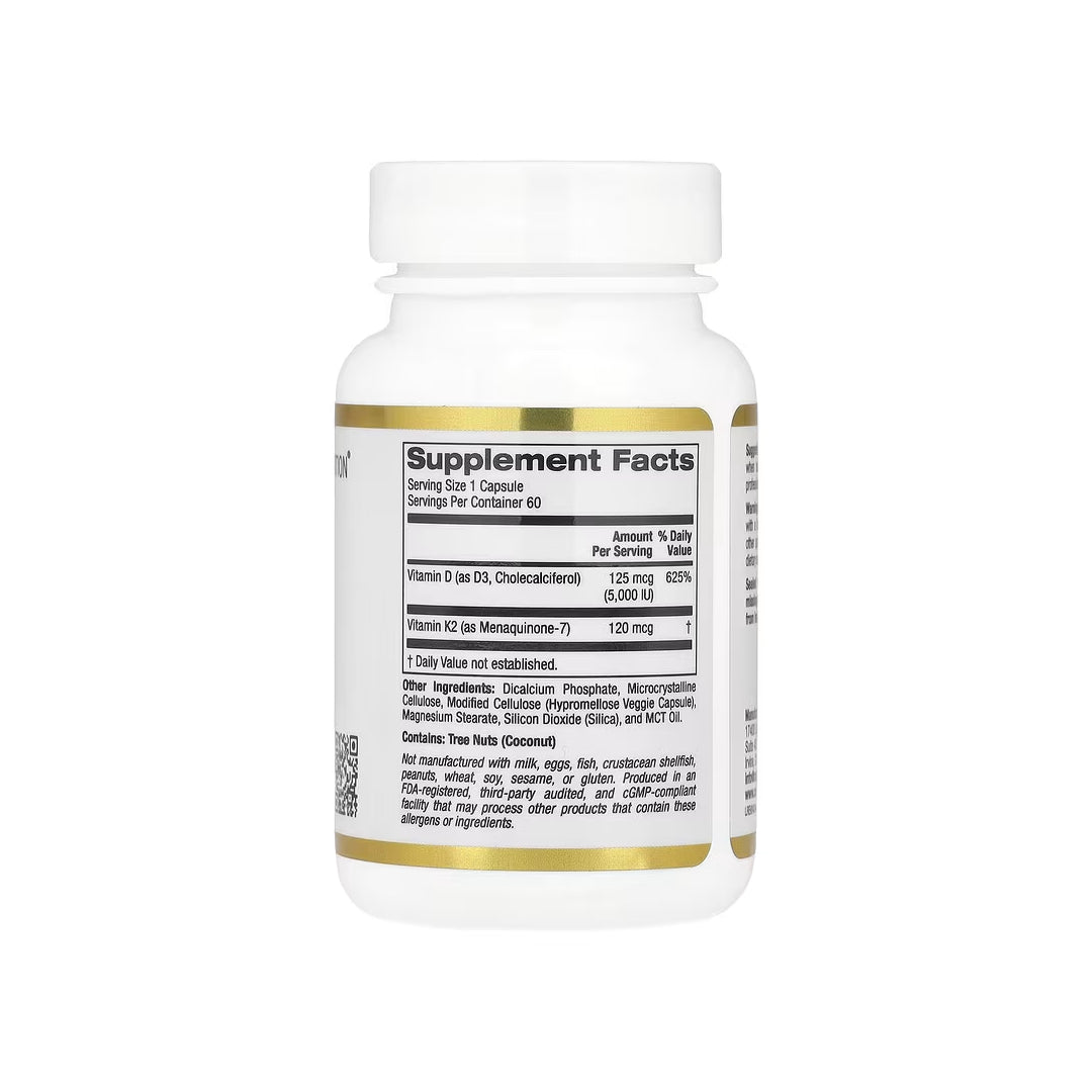 VITAMIN D3 Y K2, cápsulas de vitamina D3 de 5,000 UI / vitamina k2 120 mcg en forma de mk-7, 60 cápsulas vegetales (CALIFORNIA GOLD NUTRITION).