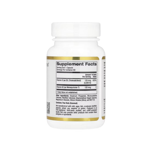 VITAMIN D3 Y K2, cápsulas de vitamina D3 de 5,000 UI / vitamina k2 120 mcg en forma de mk-7, 60 cápsulas vegetales (CALIFORNIA GOLD NUTRITION).
