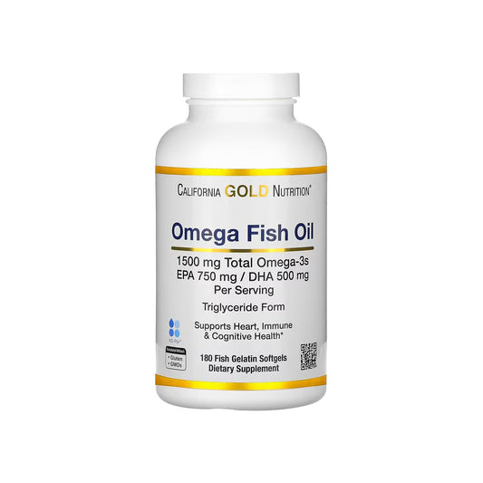 OMEGA FISH OIL, cápsulas de aceite de pescado noruego de 1500 mg de omega-3 total: EPA 750 mg y DHA 500 mg, sabor natural a limón, 180 cápsulas blandas (CALIFORNIA GOLD NUTRITION)
