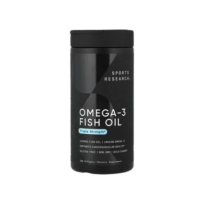 OMEGA-3 FISH OIL, triple concentración, cápsulas de aceite de pescado de 1250 mg / omega-3 EPA y DHA de 1055 mg, 180 cápsulas blandas (SPORTS RESEARCH)