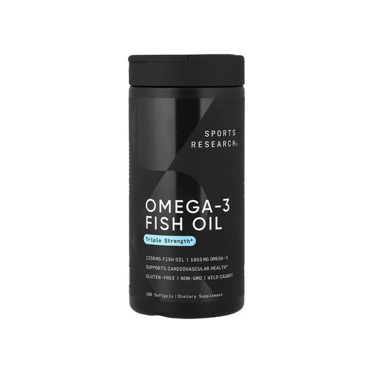OMEGA-3 FISH OIL, triple concentración, cápsulas de aceite de pescado de 1250 mg / omega-3 EPA y DHA de 1055 mg, 180 cápsulas blandas (SPORTS RESEARCH)