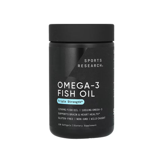 OMEGA-3 FISH OIL, triple concentración, cápsulas de aceite de pescado de 1250 mg / omega-3 EPA y DHA de 1055 mg, 120 cápsulas blandas (SPORTS RESEARCH).