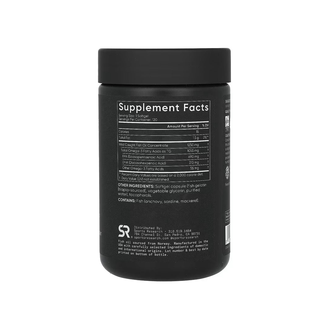 OMEGA-3 FISH OIL, triple concentración, cápsulas de aceite de pescado de 1250 mg / omega-3 EPA y DHA de 1055 mg, 120 cápsulas blandas (SPORTS RESEARCH).