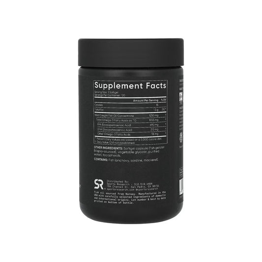 OMEGA-3 FISH OIL, triple concentración, cápsulas de aceite de pescado de 1250 mg / omega-3 EPA y DHA de 1055 mg, 120 cápsulas blandas (SPORTS RESEARCH).