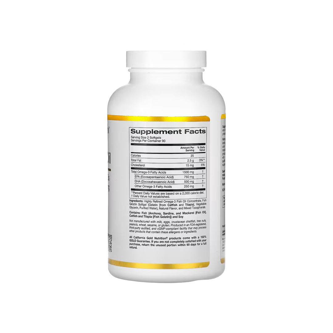 OMEGA FISH OIL, cápsulas de aceite de pescado noruego de 1500 mg de omega-3 total: EPA 750 mg y DHA 500 mg, sabor natural a limón, 180 cápsulas blandas (CALIFORNIA GOLD NUTRITION)