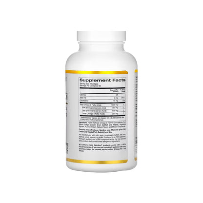 OMEGA FISH OIL, cápsulas de aceite de pescado noruego de 1500 mg de omega-3 total: EPA 750 mg y DHA 500 mg, sabor natural a limón, 180 cápsulas blandas (CALIFORNIA GOLD NUTRITION)