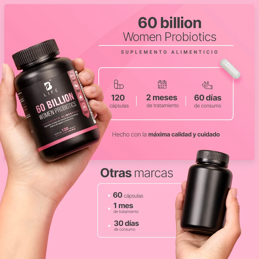 60 BILLION WOMEN PROBIOTICS, cápsulas veganas de 60 billones de 12 cepas de probióticos para ella, 120 cápsulas B LIFE