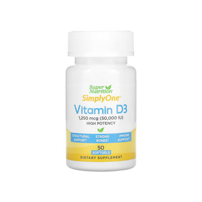 VITAMIN D3 50,000 UI, cápsulas de vitamina D3 como colecalciferol 50,000 UI, alta potencia, 50 cápsulas blandas (SUPER NUTRITION).