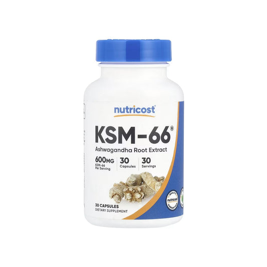 KSM-66 ASHWAGANDHA, cápsulas de extracto de raíz de ashwagandha de 600 mg (ginseng indio), 60 cápsulas (NUTRICOST).