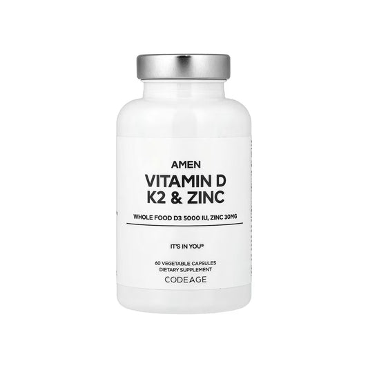 VITAMIN D, K2 Y ZINC, cápsulas veganas de vitamina D3 de 5,000 UI / vitamina k2 90 mcg / zinc 30 mg, 60 cápsulas veganas (CODEAGE).