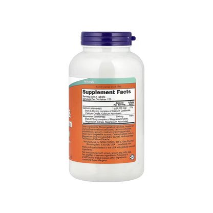 CALCIUM Y MAGNESIUM, tabletas de calcio de 1000 mg / magnesio de 500 mg por porción, 250 tabletas veganas (NOW FOODS).