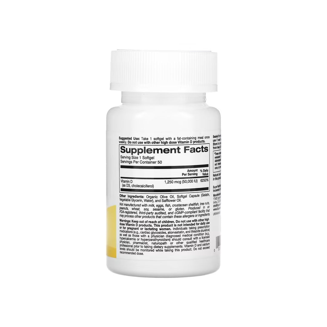 VITAMIN D3 50,000 UI, cápsulas de vitamina D3 como colecalciferol 50,000 UI, alta potencia, 50 cápsulas blandas (SUPER NUTRITION).