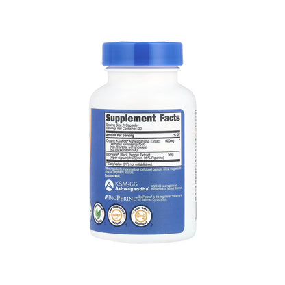 KSM-66 ASHWAGANDHA, cápsulas de extracto de raíz de ashwagandha de 600 mg (ginseng indio), 60 cápsulas (NUTRICOST).