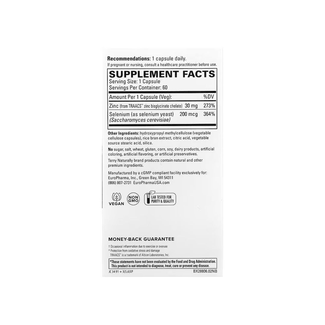 ZINC PLUS SELENIUM, cápsulas veganas de zinc quelado de 30 mg / selenio de 200 mcg, 60 cápsulas (TERRY NATURALLY)