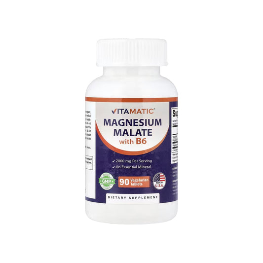 MAGNESIUM MALATE WITH B6 VITAMIN, tabletas de 600 mg de magnesio provenientes de 2000 mg de malato de magnesio por porción con vitamina B6 10 mg, 90 tabletas vegetales (VITAMATIC).