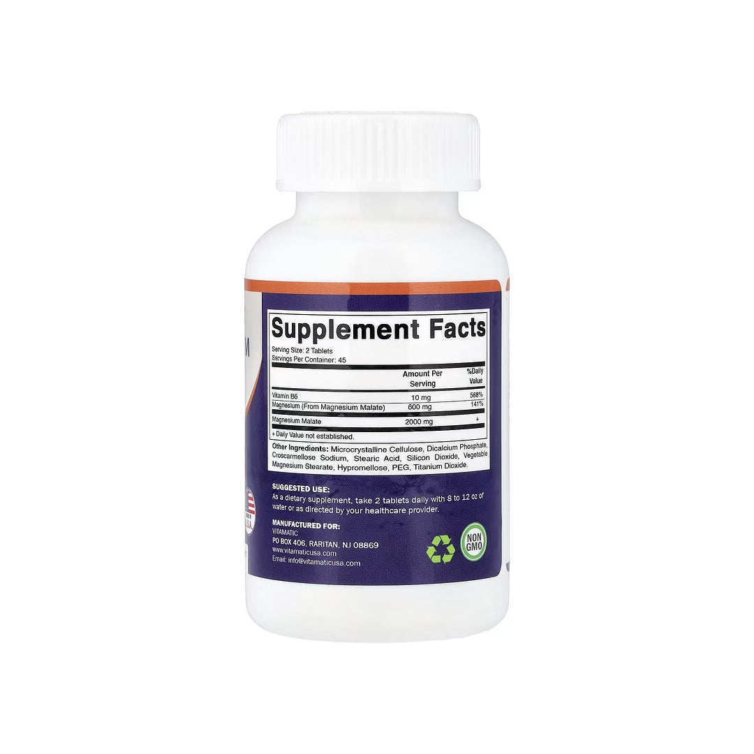 MAGNESIUM MALATE WITH B6 VITAMIN, tabletas de 600 mg de magnesio provenientes de 2000 mg de malato de magnesio por porción con vitamina B6 10 mg, 90 tabletas vegetales (VITAMATIC).