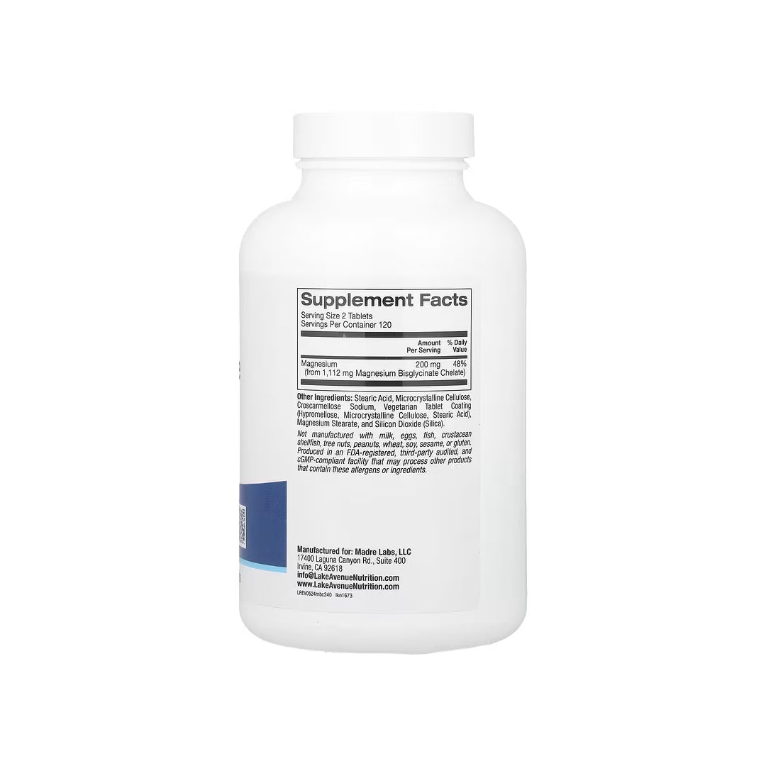 MAGNESIUM BISGLYCINATE CHELATE (TRAACS™), tabletas de bisglicinato de magnesio quelado de 200 mg por porción, 240 tabletas (LAKE AVENUE).