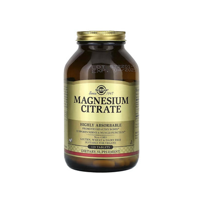 MAGNESIUM CITRATE, tabletas veganas de citrato de magnesio de 400 mg por porción, 120 tabletas (SOLGAR).