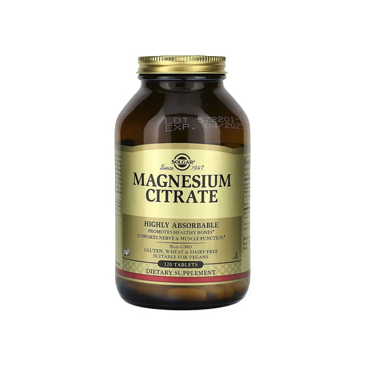 MAGNESIUM CITRATE, tabletas veganas de citrato de magnesio de 400 mg por porción, 120 tabletas (SOLGAR).