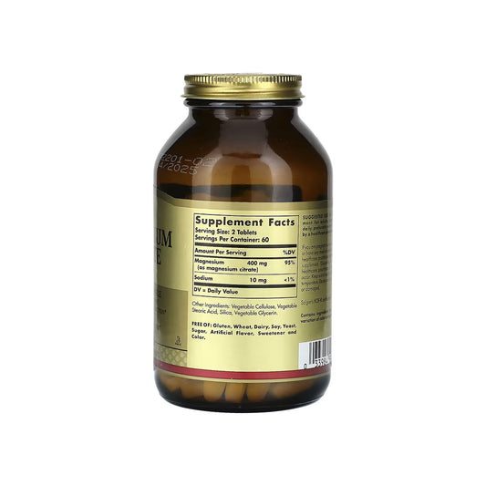 MAGNESIUM CITRATE, tabletas veganas de citrato de magnesio de 400 mg por porción, 120 tabletas (SOLGAR).